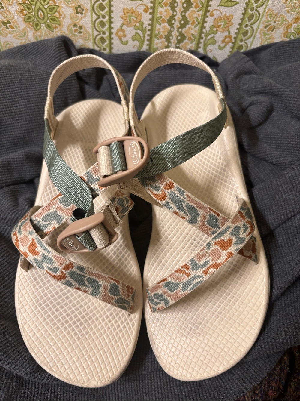 Chaco Beige Sandals with Green and Brown Patterned Straps